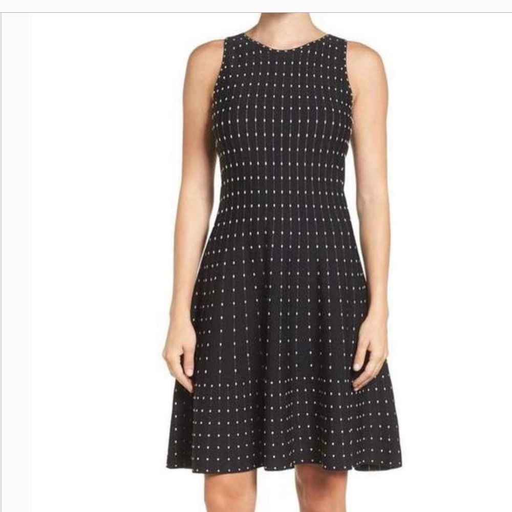 Nic + Zoe Fit & Flare Sleeveless  Knit Midi Dress Black White Rectangle Dot Sz M